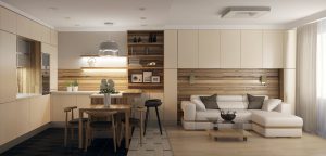 Зонирование гостиной и кухни в частном доме с помощью мебели